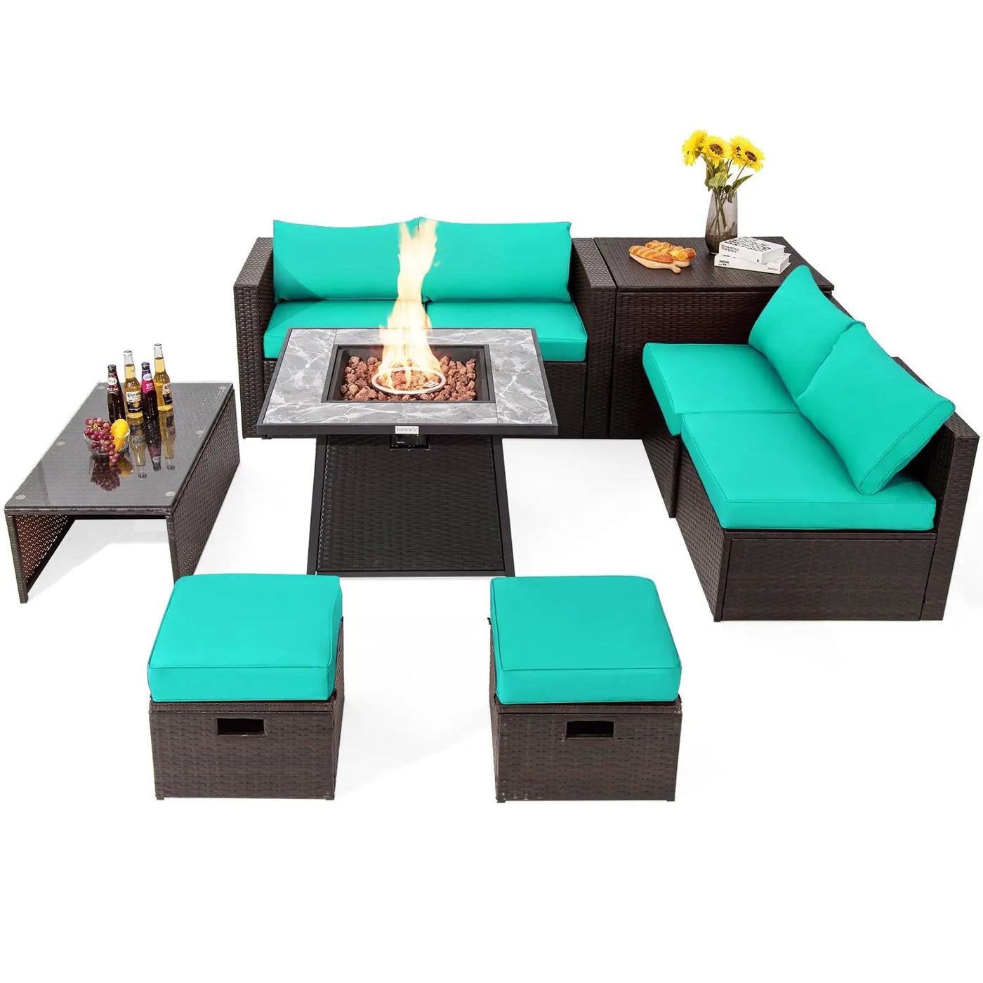 9 Pieces Patio PE Wicker Sectional Set with 50000 BTU Fire Pit Table by DirectDeals