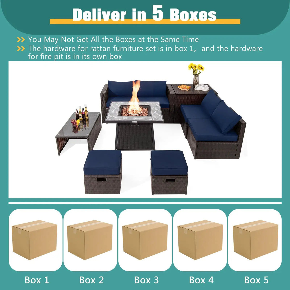 9 Pieces Patio PE Wicker Sectional Set with 50000 BTU Fire Pit Table by DirectDeals