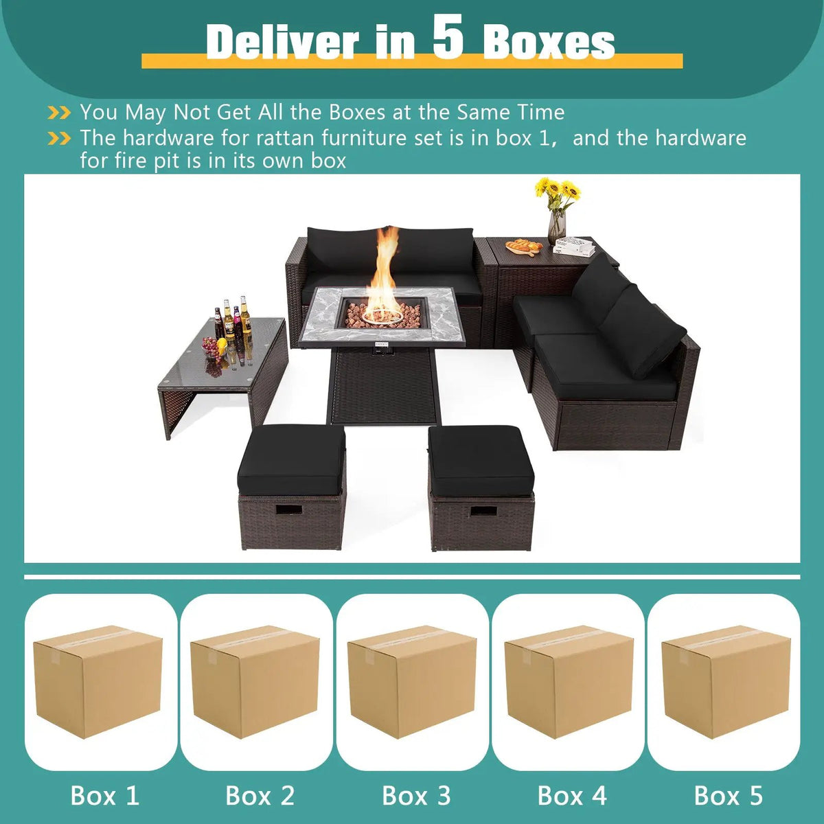 9 Pieces Patio PE Wicker Sectional Set with 50000 BTU Fire Pit Table by DirectDeals