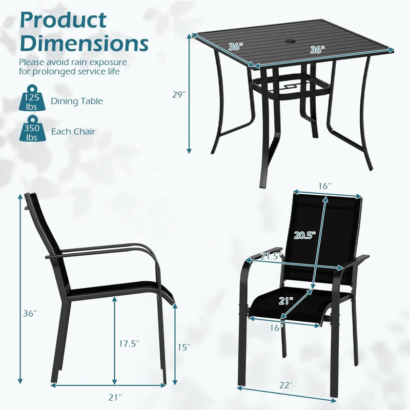5 Pieces Patio Dining Set for 4 Outdoor Square Table and Stackable Chairs by DirectDeals