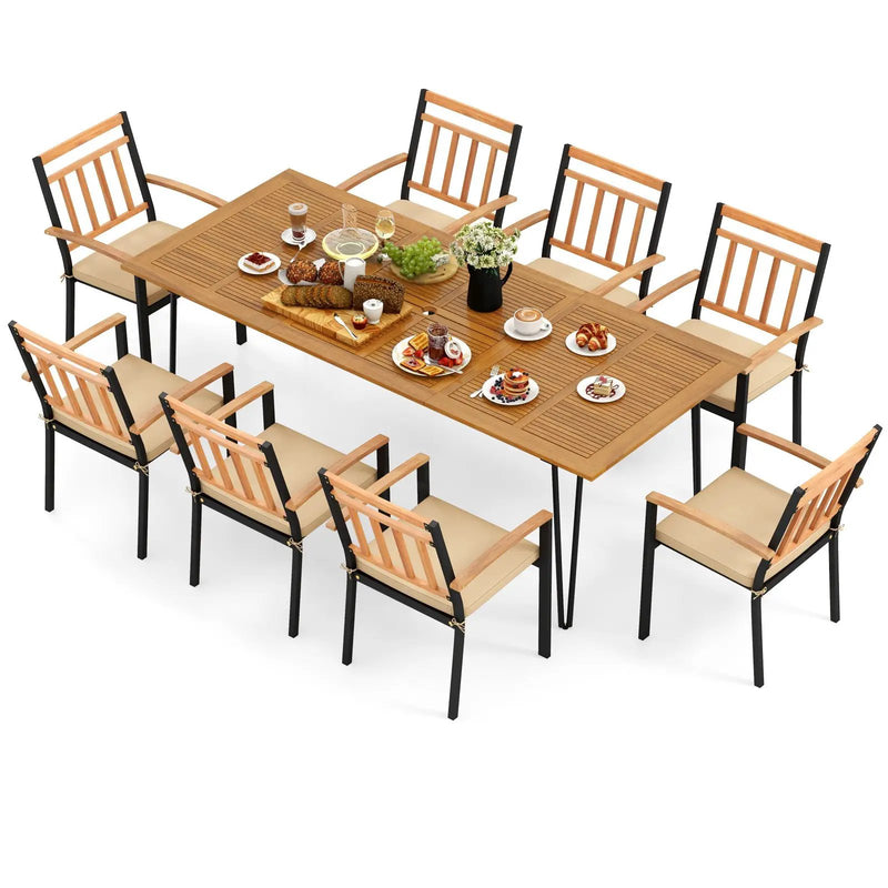 9 Pieces Patio Dining Outdoor Furniture Set with 8 Chairs and Umbrella Hole by DirectDeals