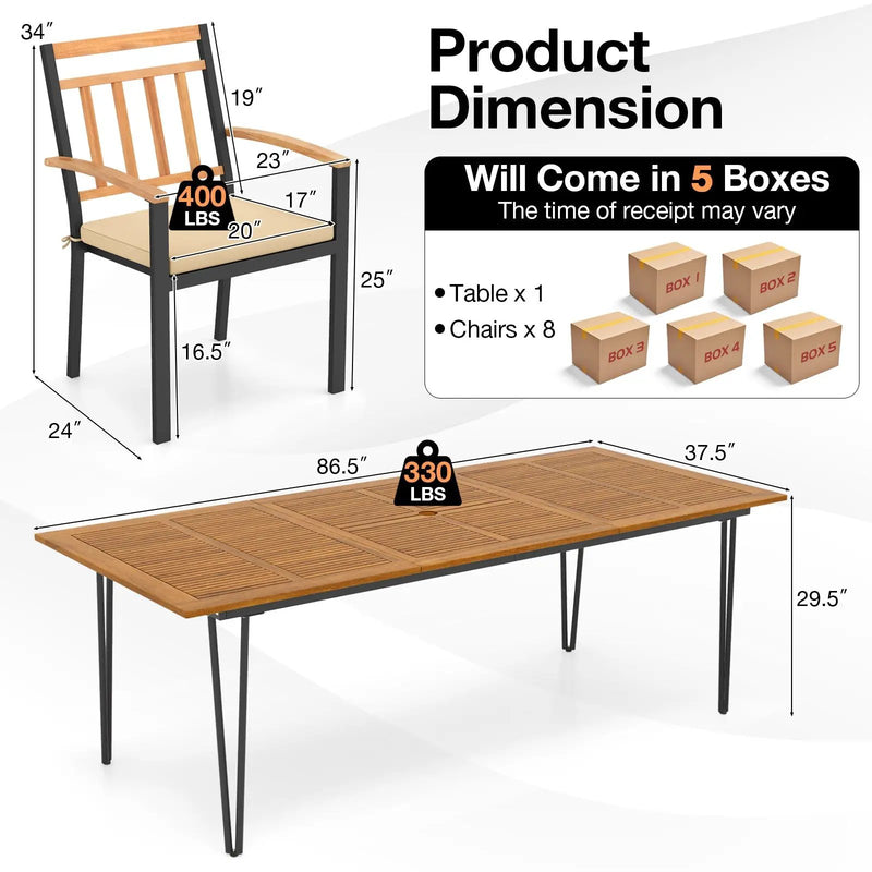9 Pieces Patio Dining Outdoor Furniture Set with 8 Chairs and Umbrella Hole by DirectDeals