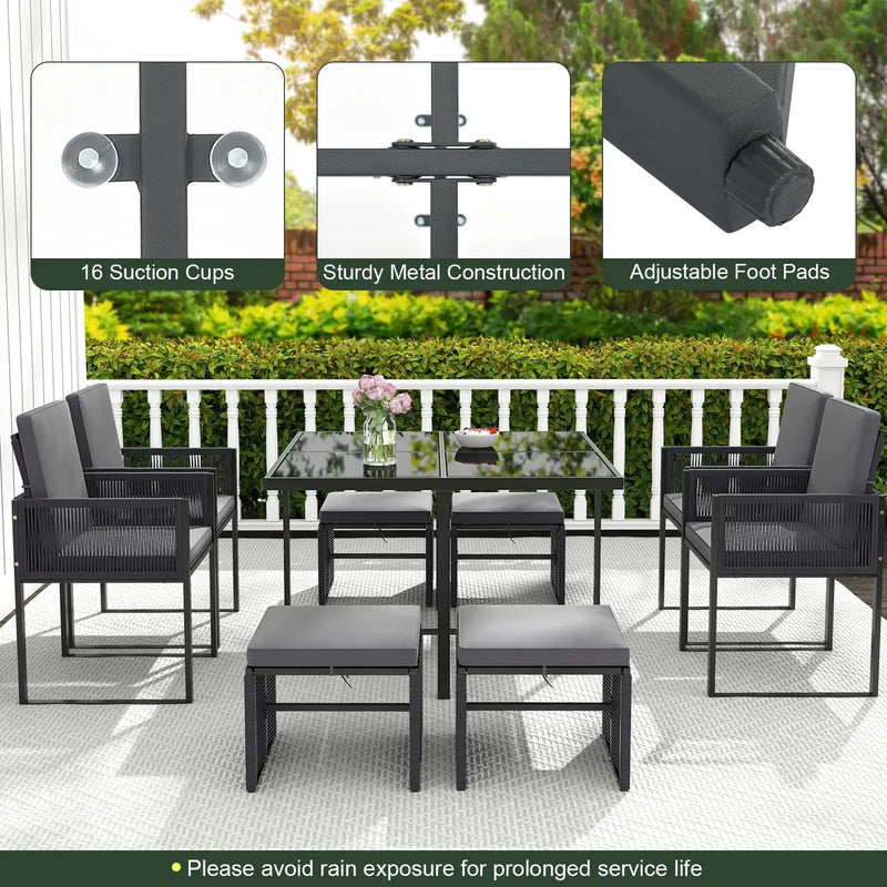 9 Pieces Patio Dining Set with Cushions for Yard Garden-Gray by DirectDeals