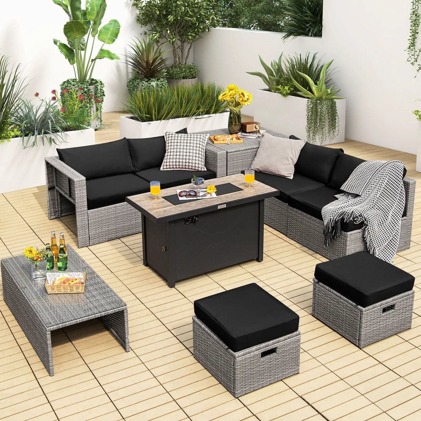 9 Pieces Patio Furniture Set with 42 Inches 60000 BTU Fire Pit by DirectDeals