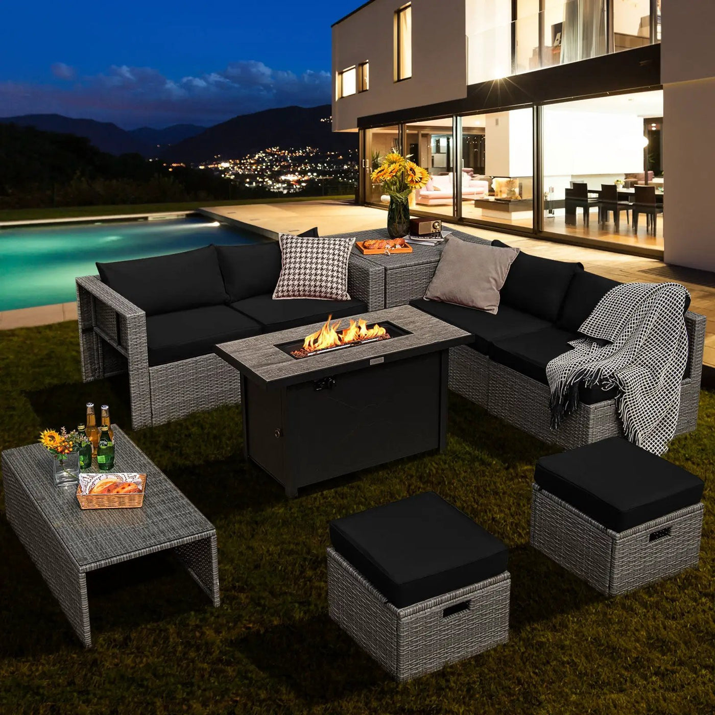 9 Pieces Patio Furniture Set with 42 Inches 60000 BTU Fire Pit by DirectDeals