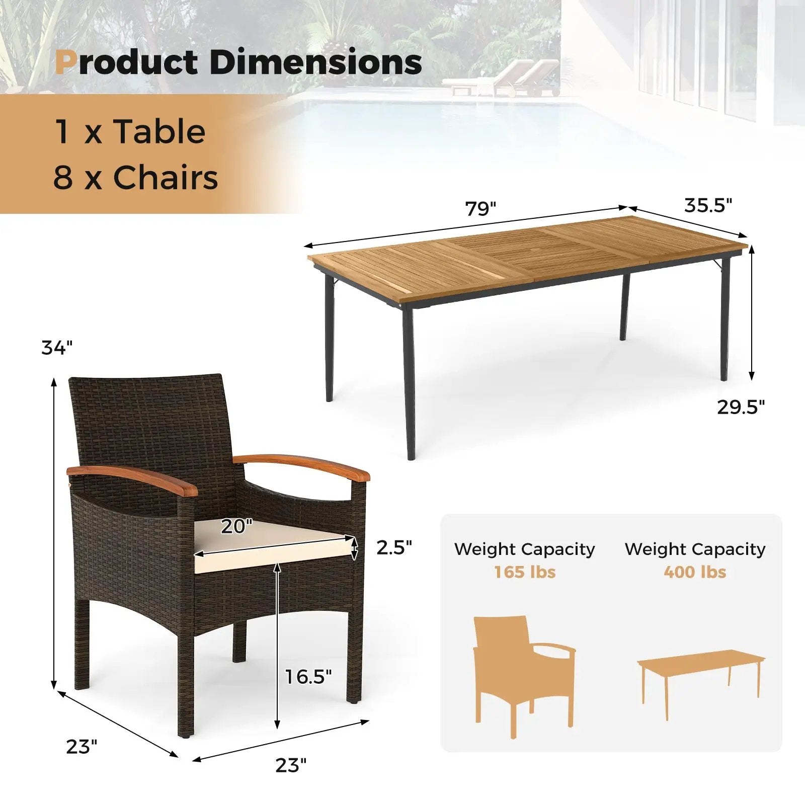 9 Pieces Patio PE Wicker Dining Set with Cushions and Umbrella Hole by DirectDeals
