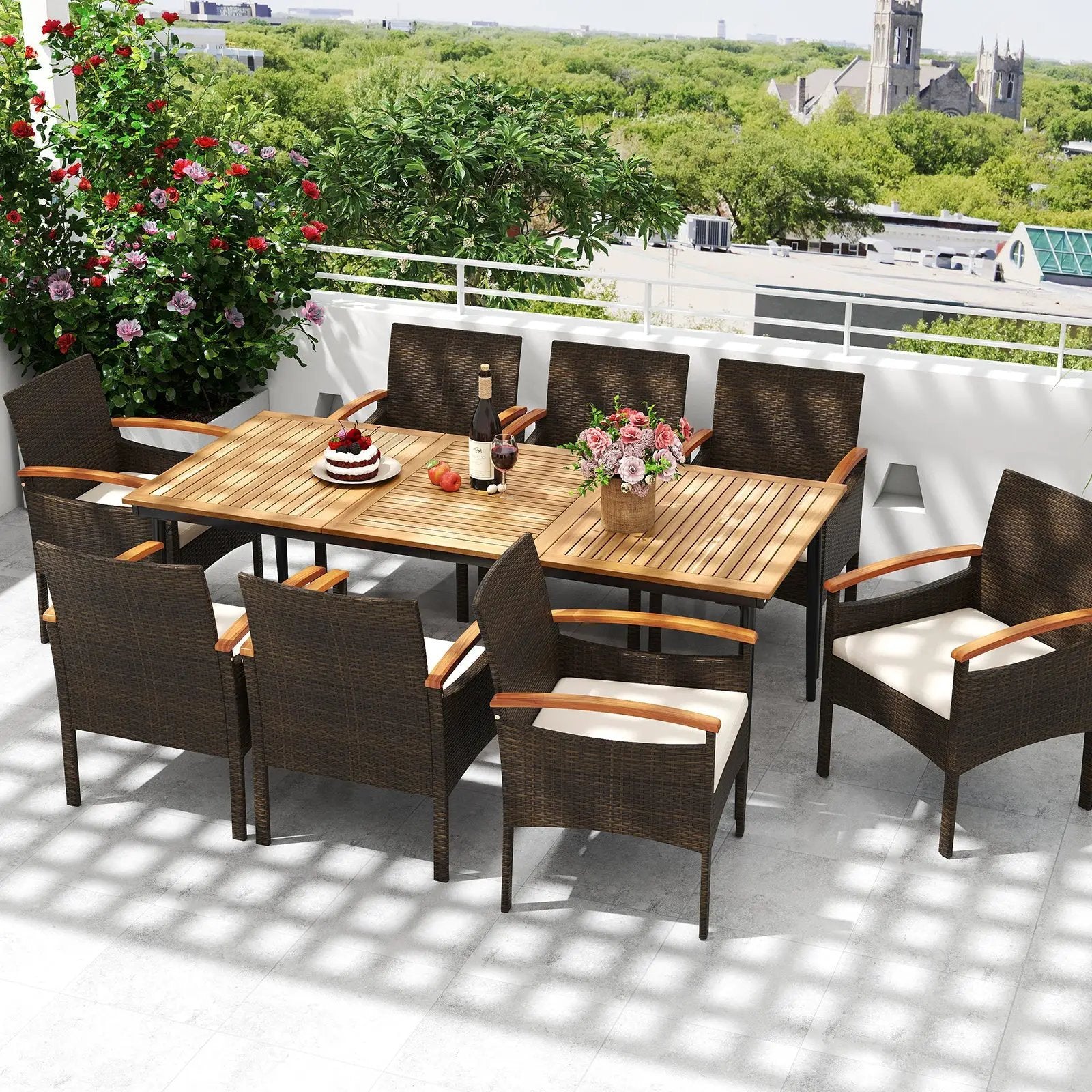 9 Pieces Patio PE Wicker Dining Set with Cushions and Umbrella Hole by DirectDeals