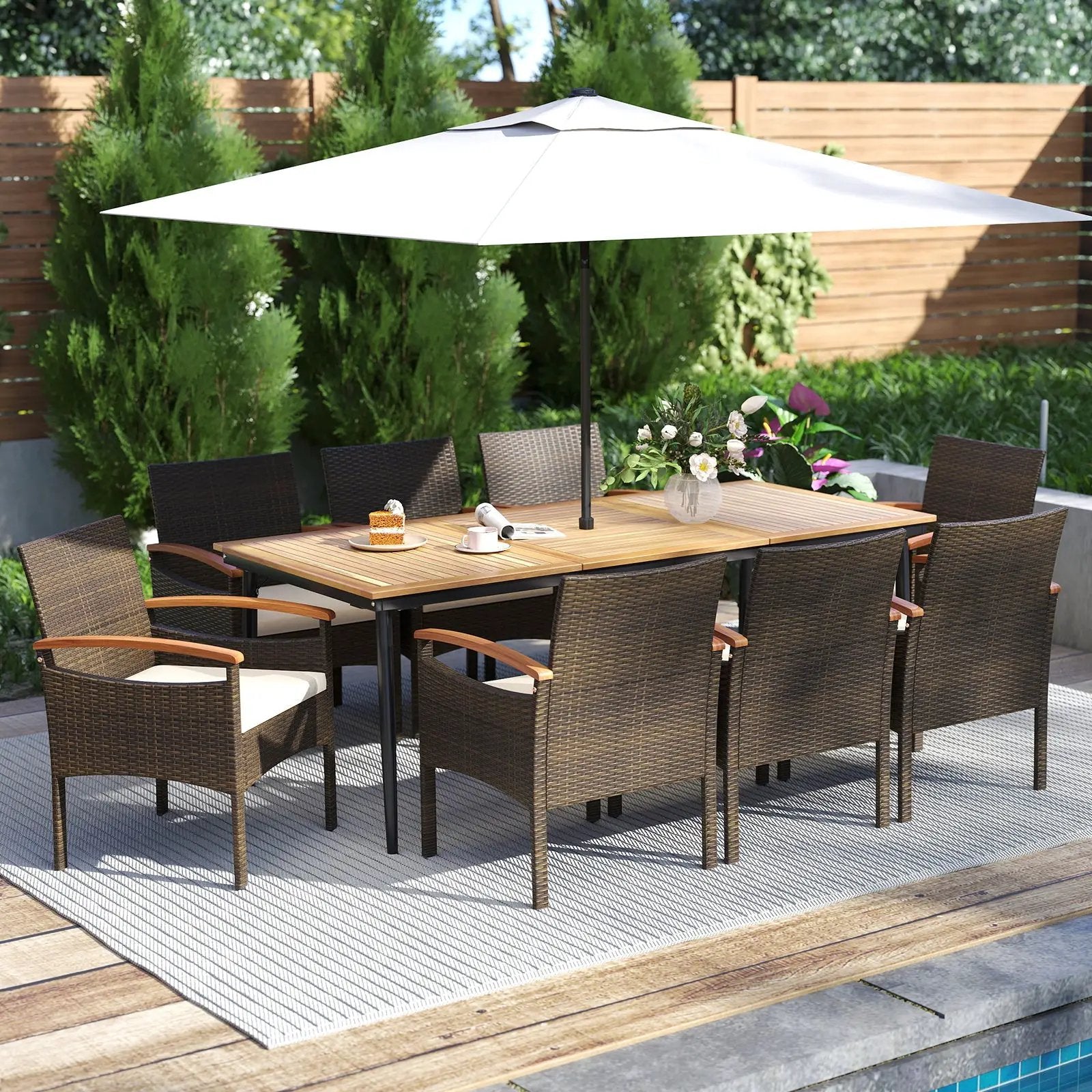 9 Pieces Patio PE Wicker Dining Set with Cushions and Umbrella Hole by DirectDeals