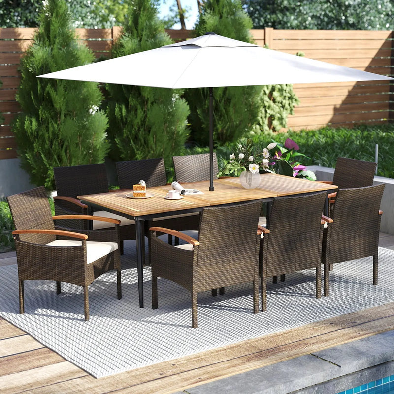 9 Pieces Patio PE Wicker Dining Set with Cushions and Umbrella Hole by DirectDeals