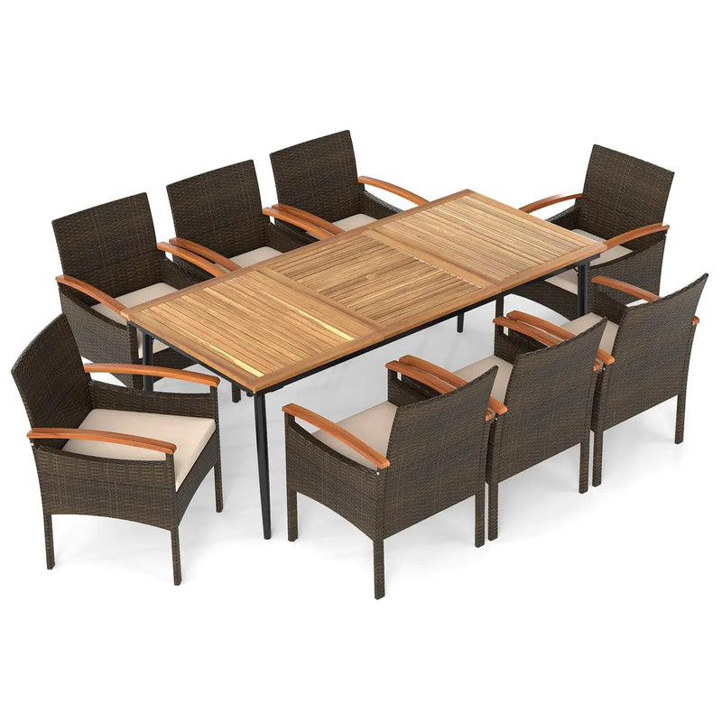 9 Pieces Patio PE Wicker Dining Set with Cushions and Umbrella Hole by DirectDeals