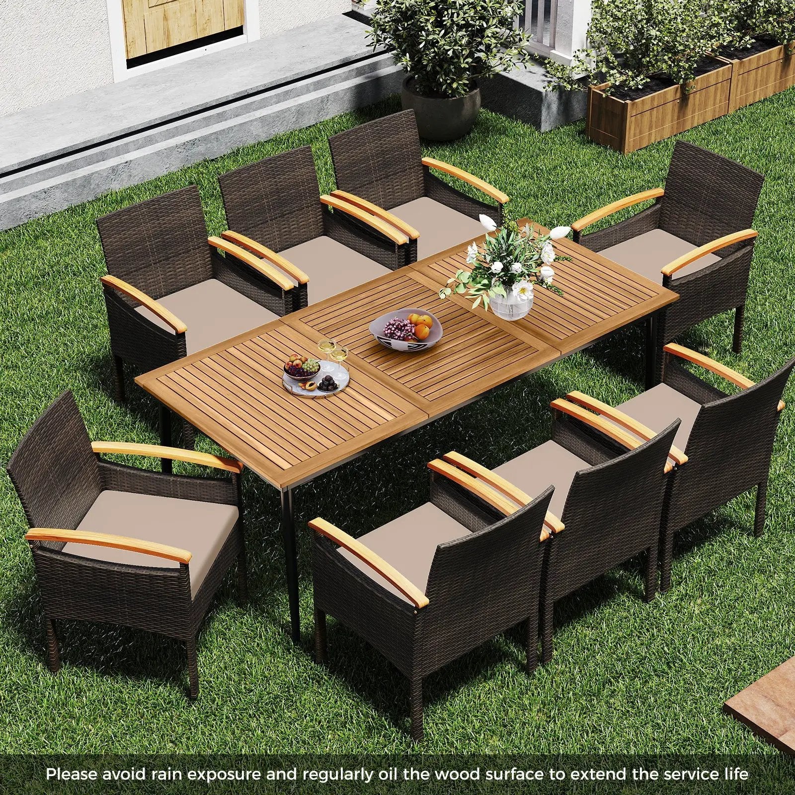 9 Pieces Patio PE Wicker Dining Set with Cushions and Umbrella Hole by DirectDeals