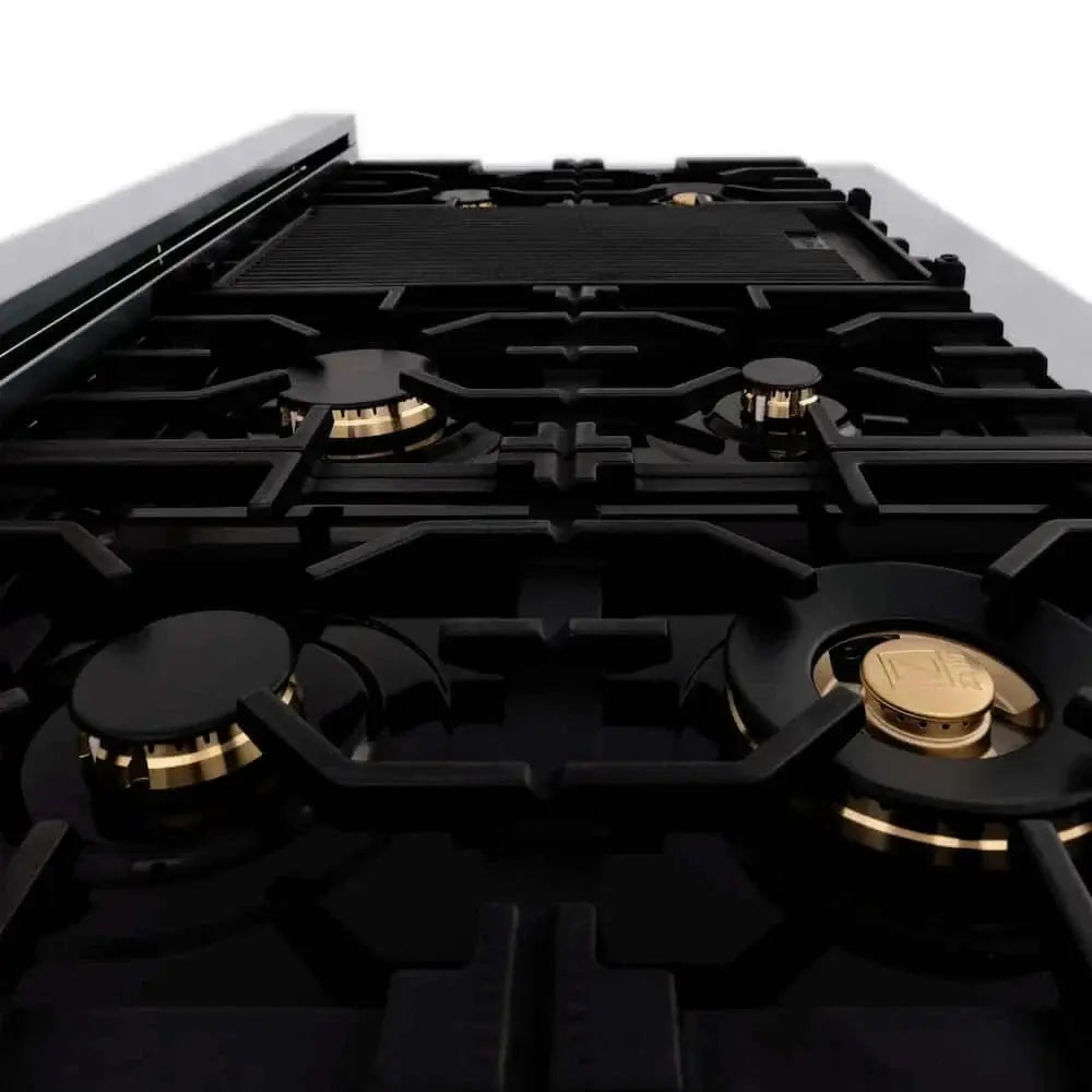 ZLINE 48" Autograph Dual Fuel Range, Black, Gold, RAZ-BLM-48-G by Farmhouse Kitchen and Bath