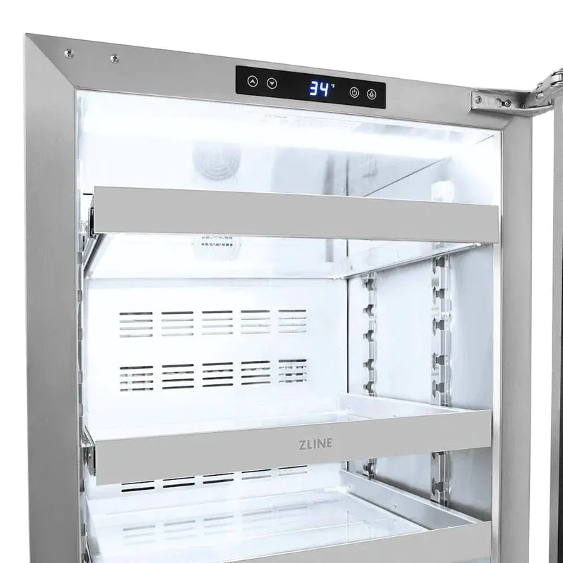 ZLINE 24" Touchstone 151 Can Beverage Fridge DuraSnow® Stainless Steel Glass Door Polished Gold Handle RBSOZ-SN-24-G by Farmhouse Kitchen and Bath