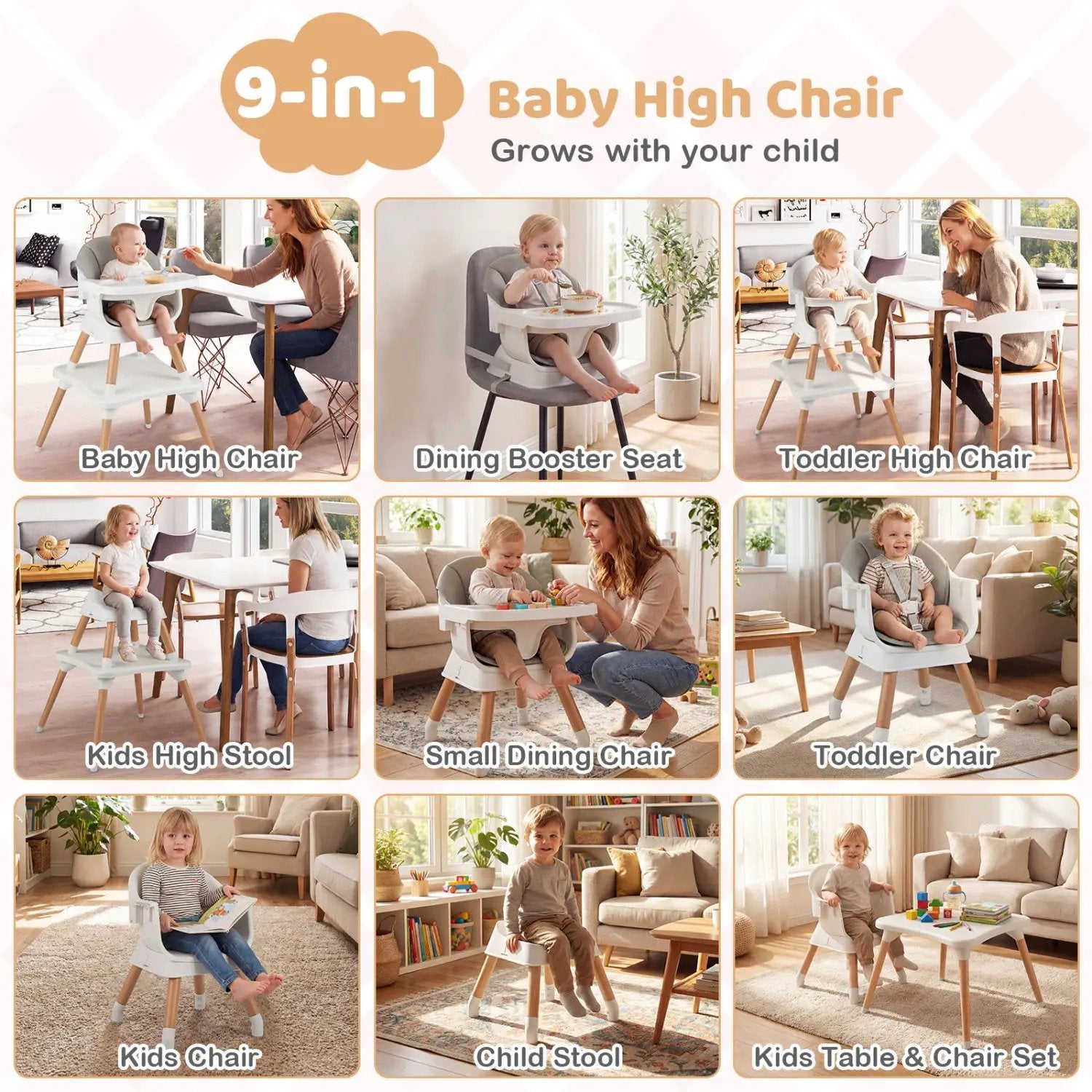 9-in-1 Convertible High Chair with Solid Wood Legs for Babies and Toddlers by DirectDeals