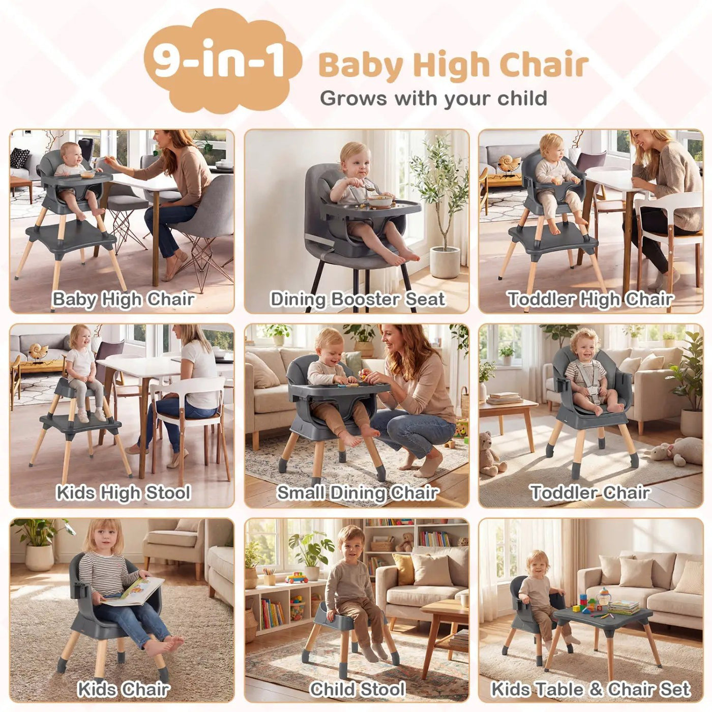 9-in-1 Convertible High Chair with Solid Wood Legs for Babies and Toddlers by DirectDeals