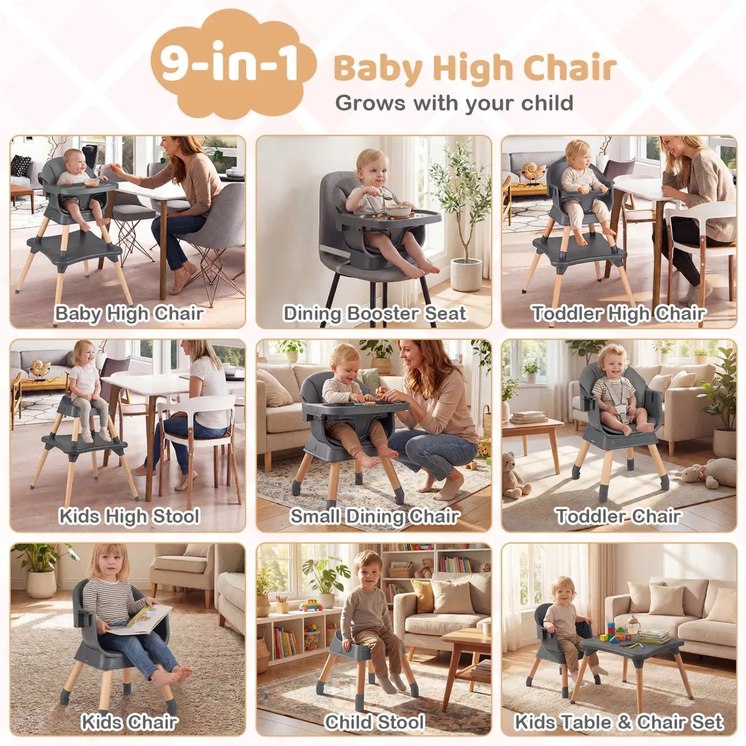 9-in-1 Convertible High Chair with Solid Wood Legs for Babies and Toddlers by DirectDeals