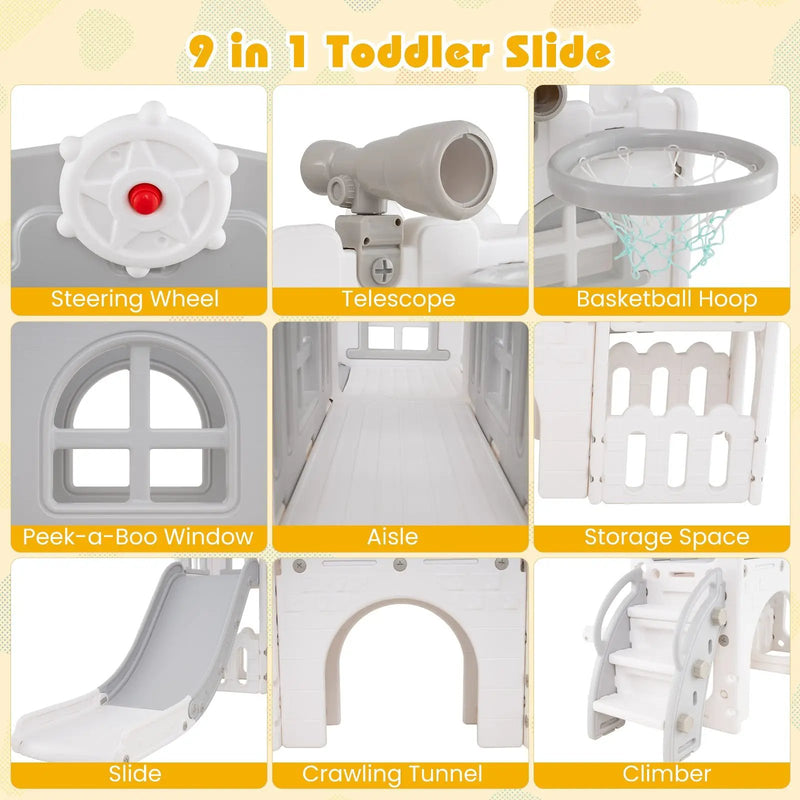 9-in-1 Toddler Slide L-Shaped with Basketball Hoop and Steering Wheel by DirectDeals