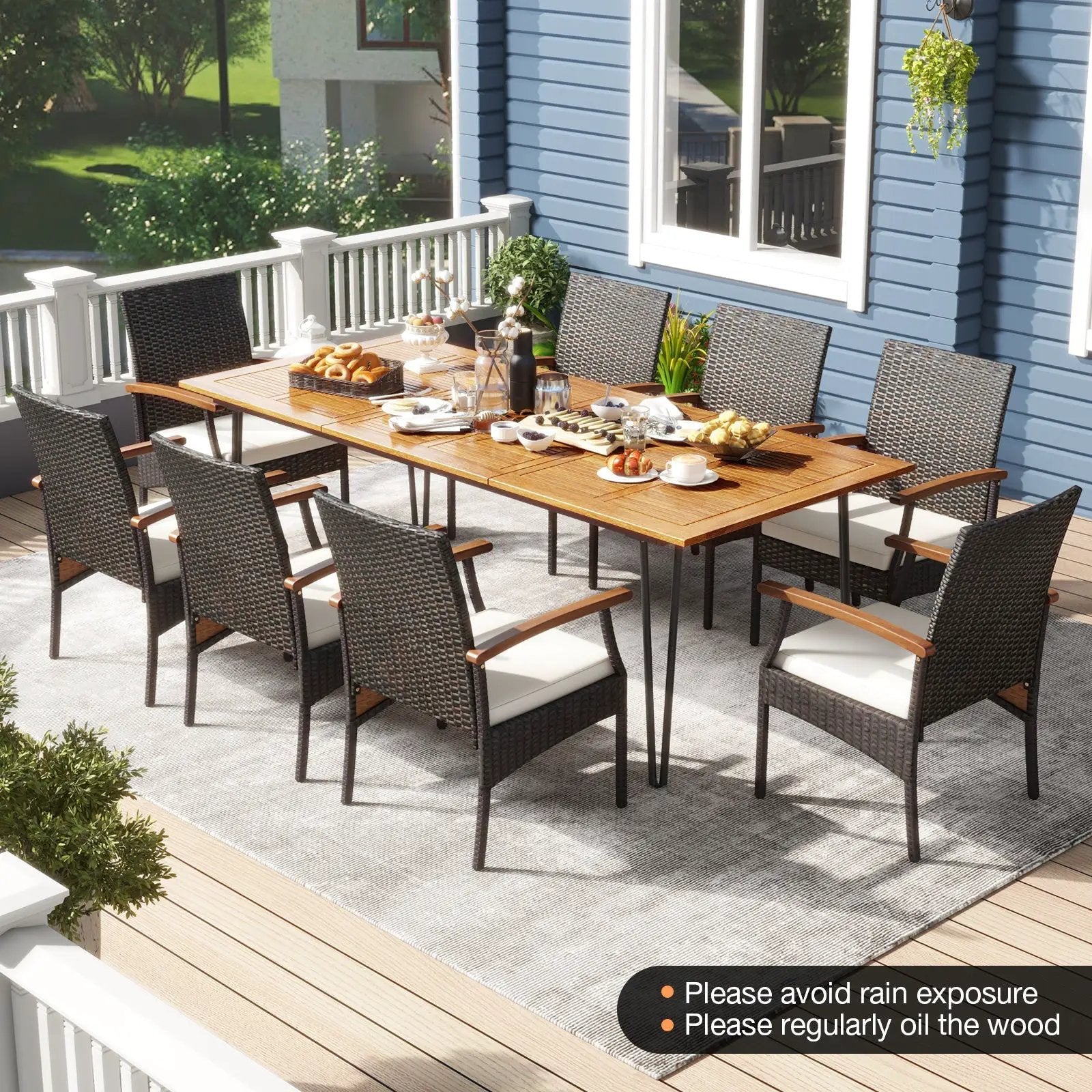 9 Pieces Outdoor Patio Dining Set with Acacia Wood Square Table and Umbrella Hole by DirectDeals