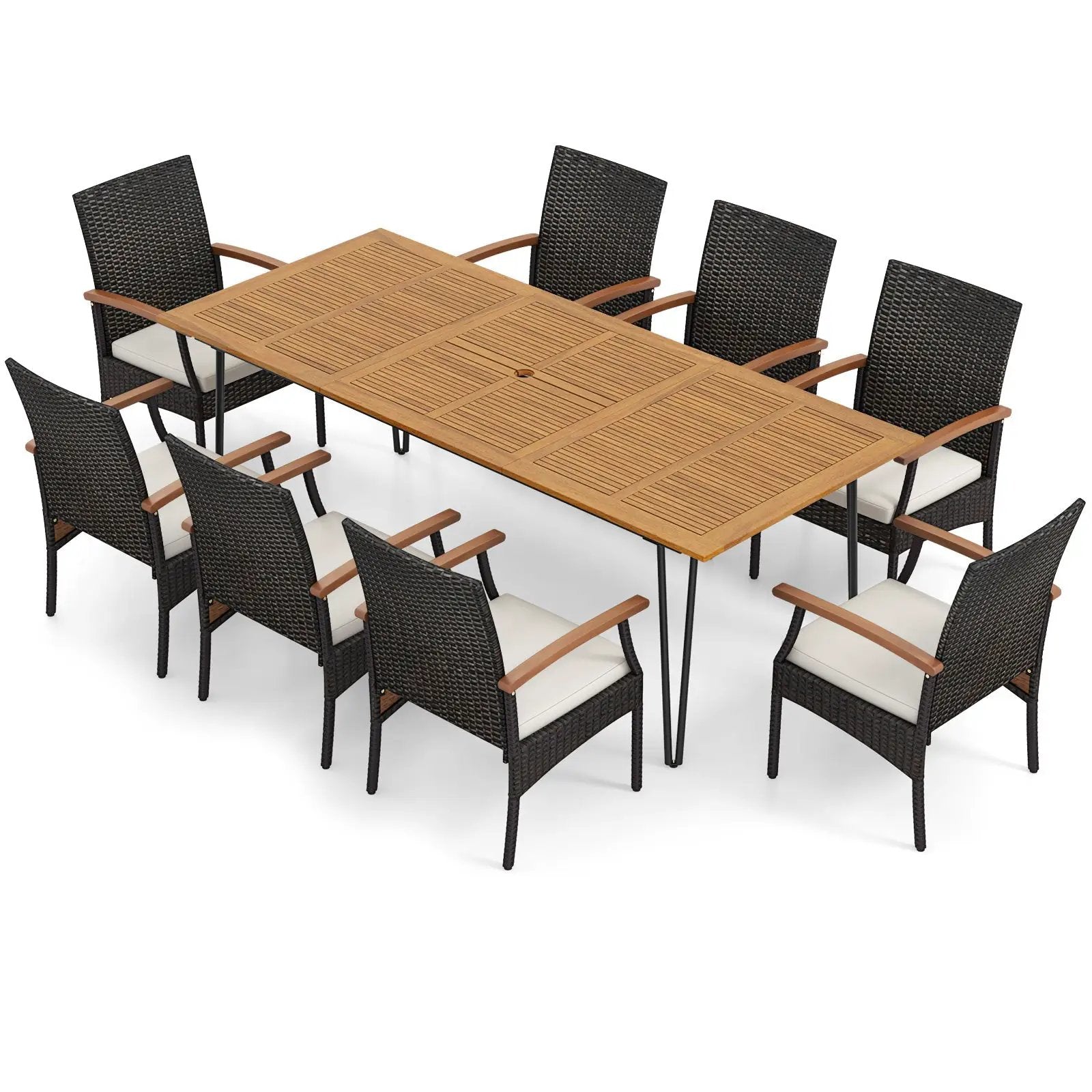 9 Pieces Outdoor Patio Dining Set with Acacia Wood Square Table and Umbrella Hole by DirectDeals