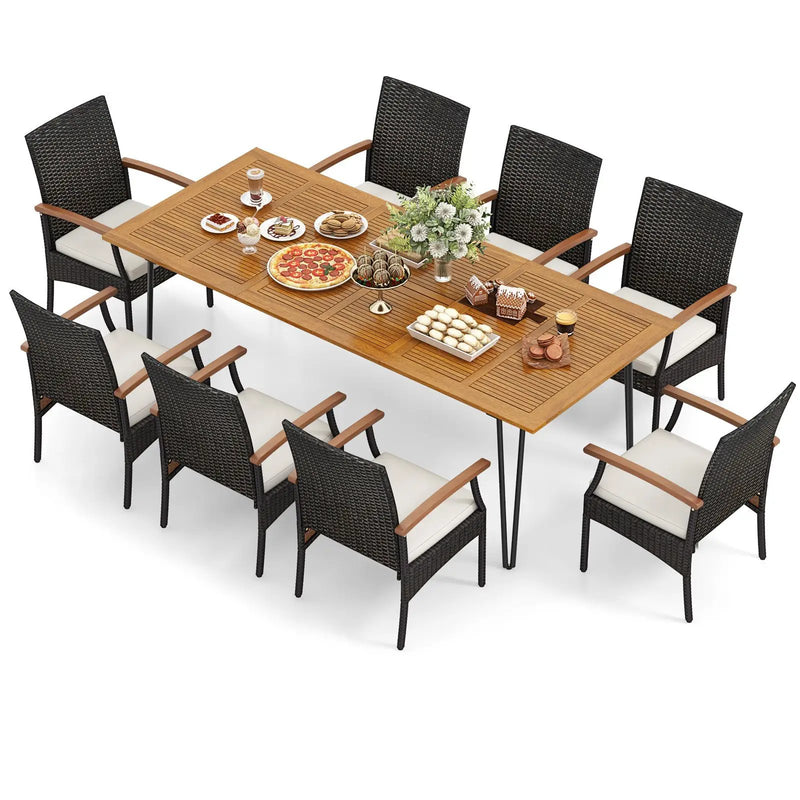 9 Pieces Outdoor Patio Dining Set with Acacia Wood Square Table and Um
