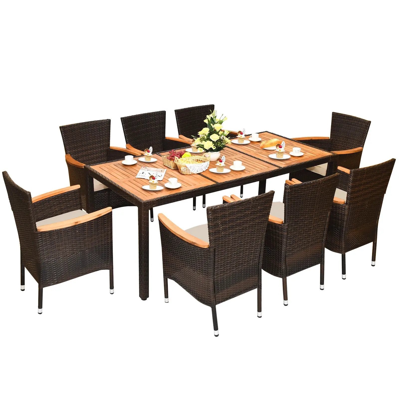 9 Pieces Rattan Dining Set with Acacia Wood Table and Stackable Cushioned Chairs by DirectDeals