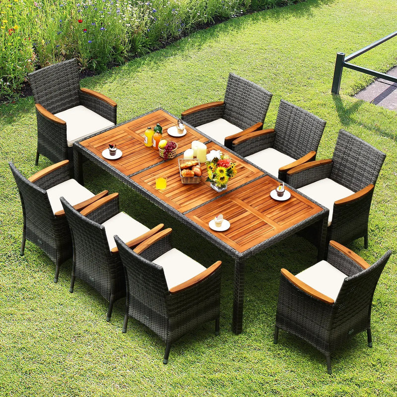 9 Pieces Rattan Patio Dining Set with Acacia Wood Table and Cushioned Chair by DirectDeals