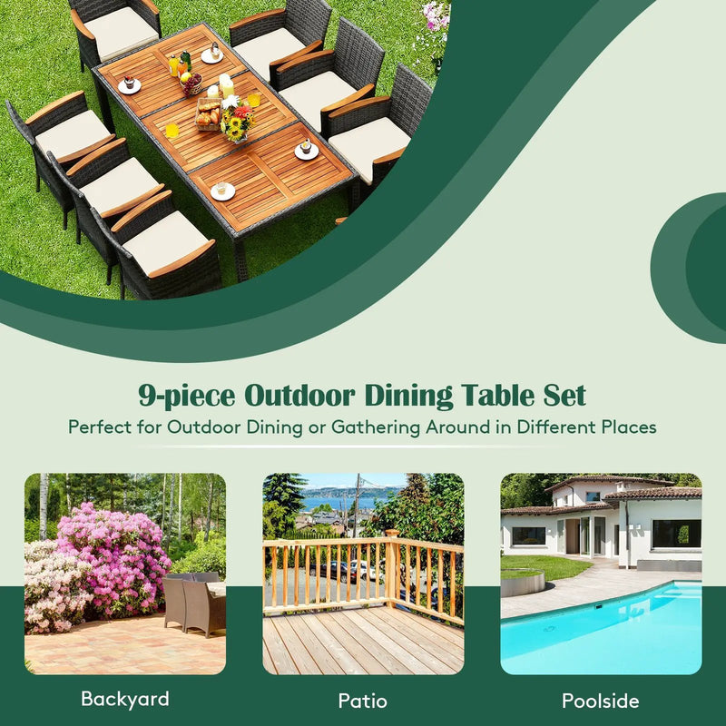 9 Pieces Rattan Patio Dining Set with Acacia Wood Table and Cushioned Chair by DirectDeals