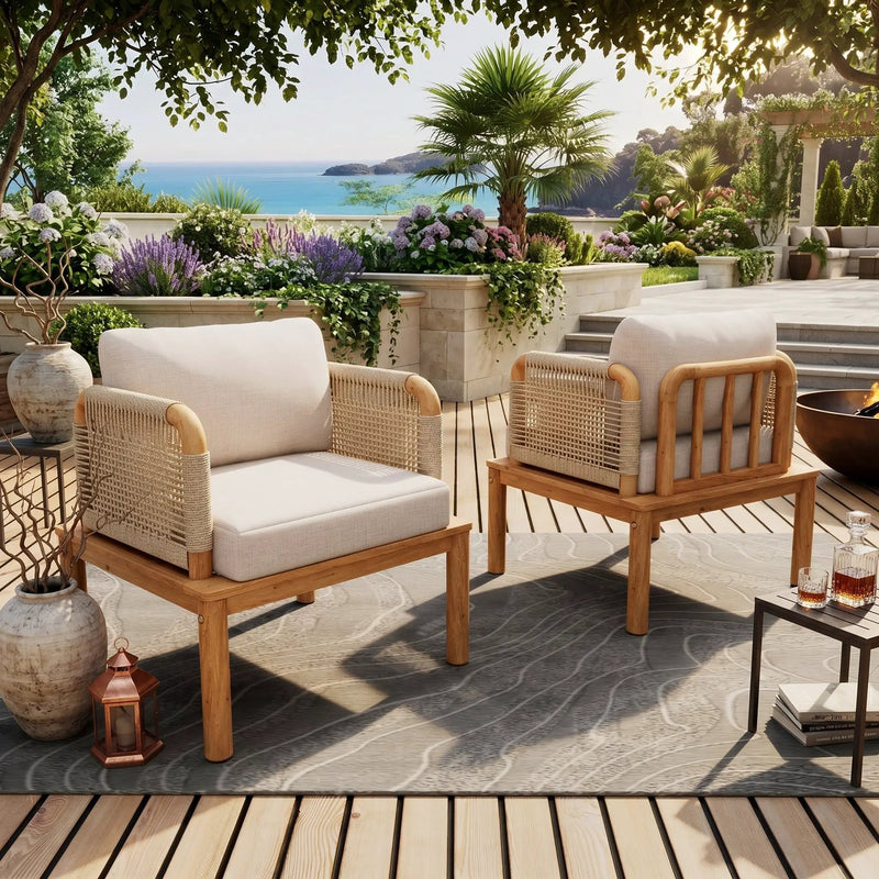 Outdoor Acacia Wood and Rope Club Chair with Cushions (Set of 2) by HouseOfZazla