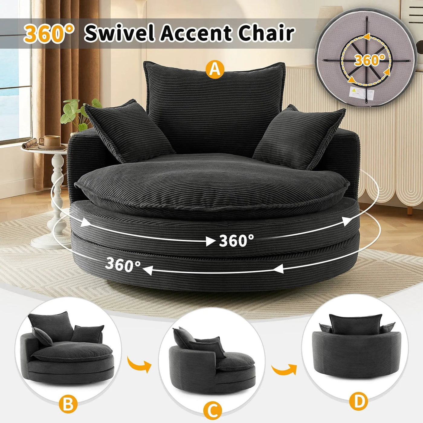 360° Swivel Accent Barrel Chair With Dual Layer Cushion And 3 Removable Pillows by Unique Piece Furniture