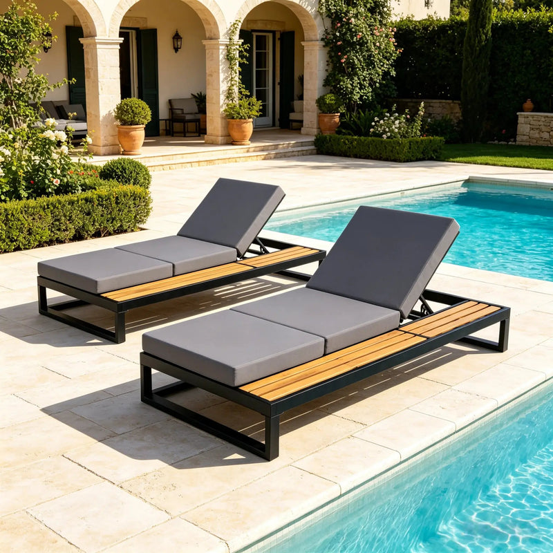 Black Iron & Teak Finish Chaise Lounge Set by HouseOfZazla