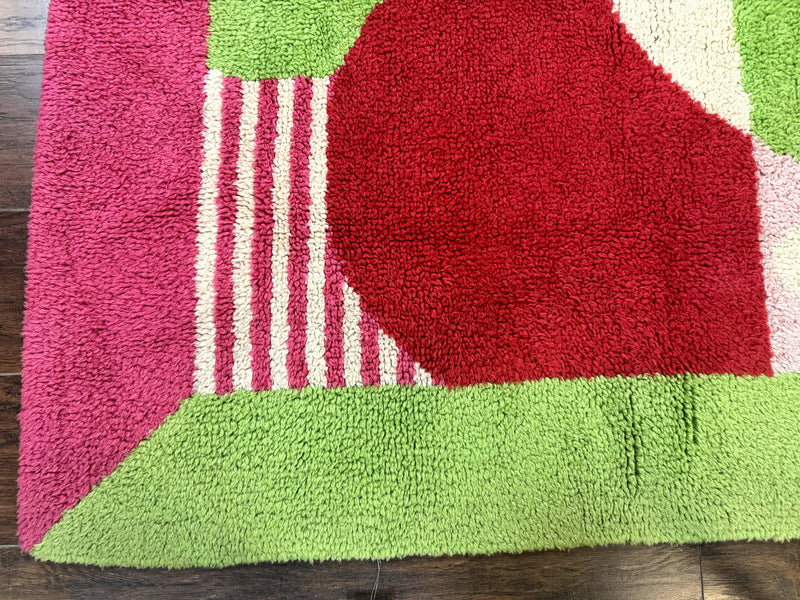 European Shag Rug 4.8 x 4.8, Modern Abstract Design, Green Pink Red, Square Shag Rug, Unique by Jewel Rugs