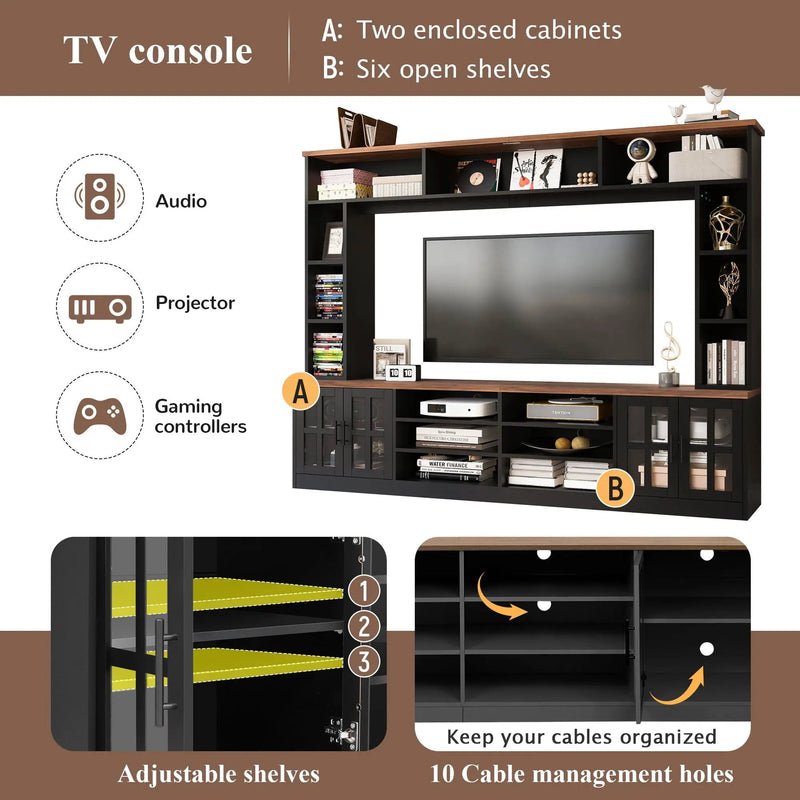 Wall Unit Entertainment Center With Bookshelves For TVs Up To 80", Tempered Glass Doors And Adjustable Shelves by HouseOfZazla