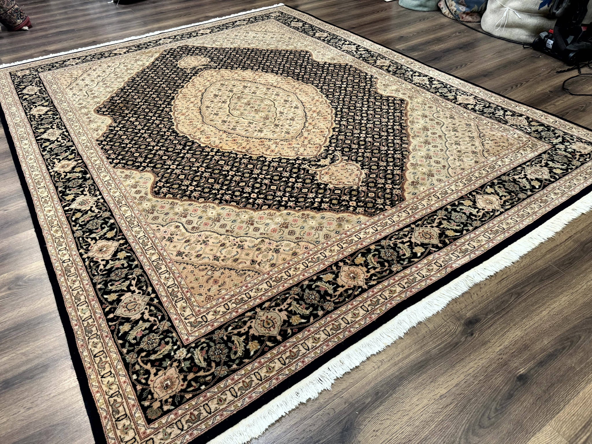 Sino Persian Rug 8x10, Herati Mahi Pattern, Fine 170 KPSI, Black, Wool and Silk Highlights by Jewel Rugs