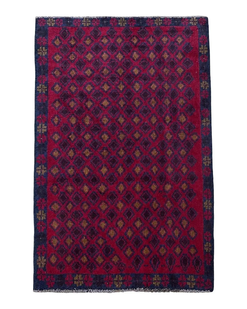 3x5 New Vintage Handmade Tribal Wool Rug Balouch Rug Afghan Rug Red Blue Diamond by Jewel Rugs