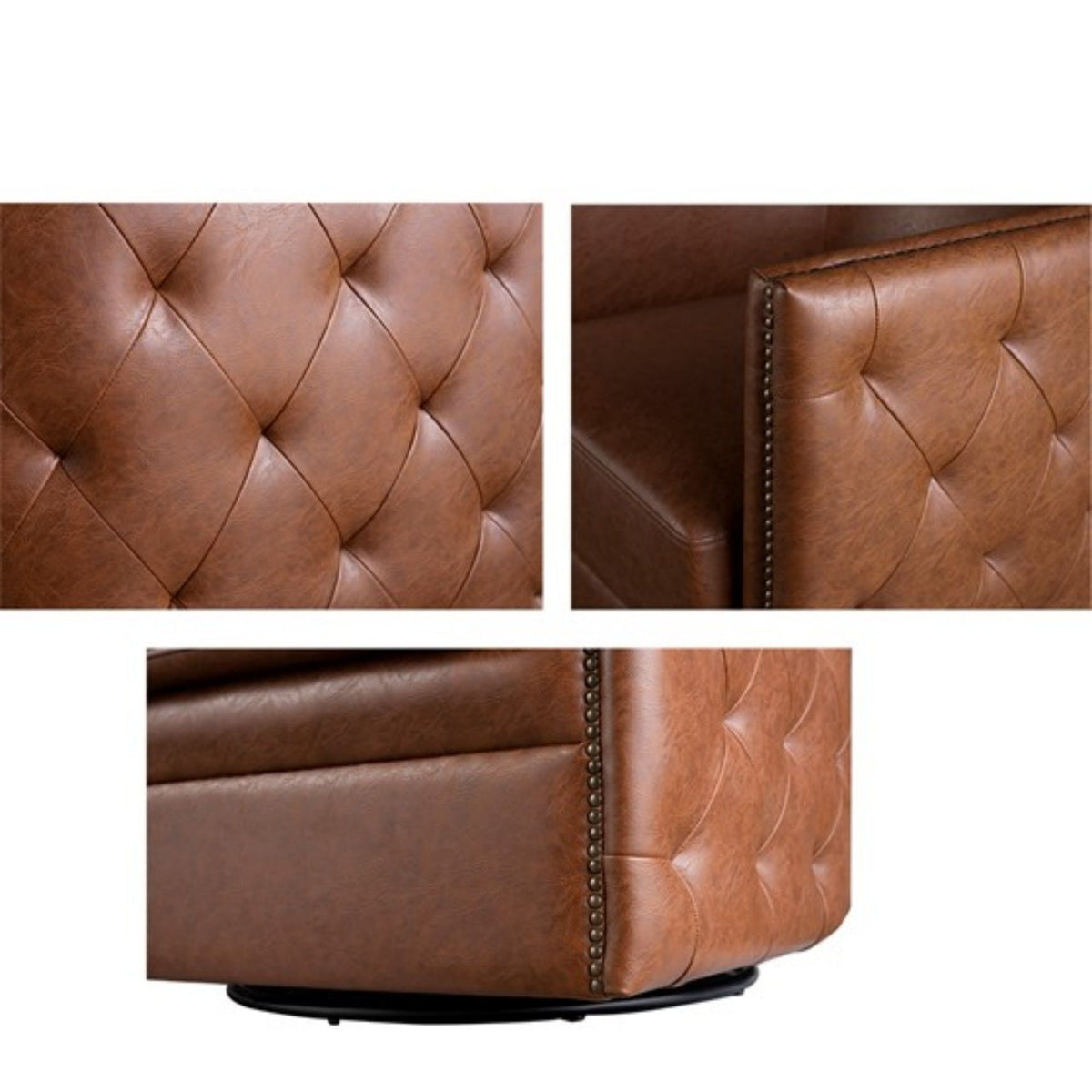 Swivel Chair With Tufted Barrel Design and Nailhead Accents - Light Brown, photo 7 of 9