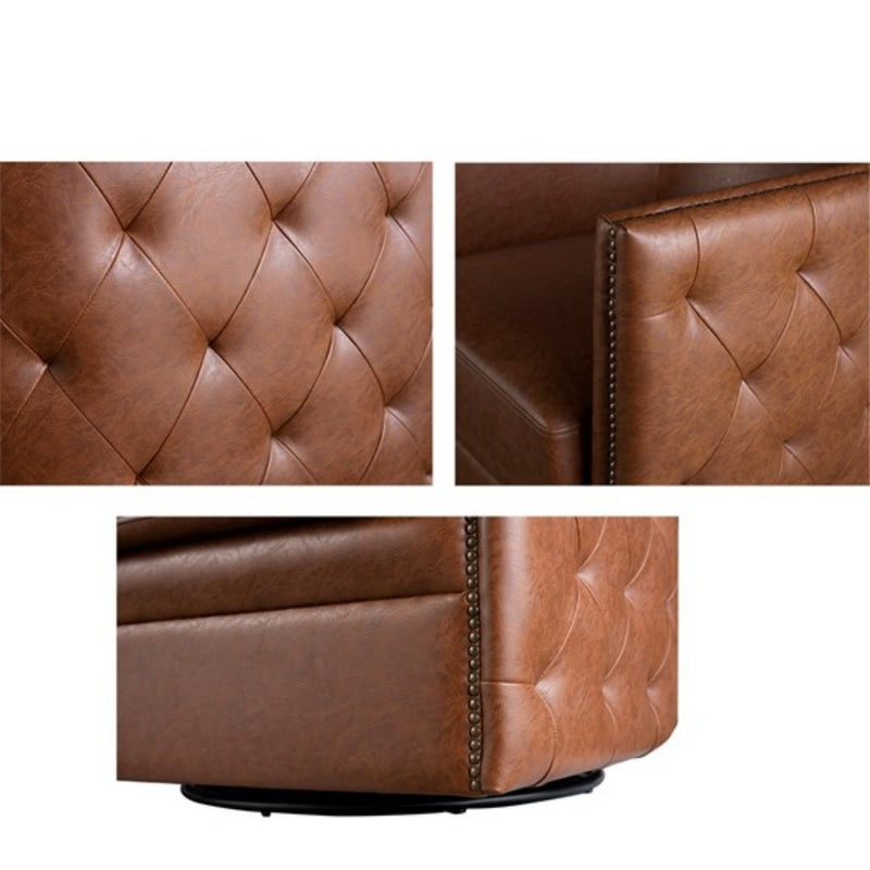 Swivel Chair With Tufted Barrel Design and Nailhead Accents - Light Brown, photo 7 of 9