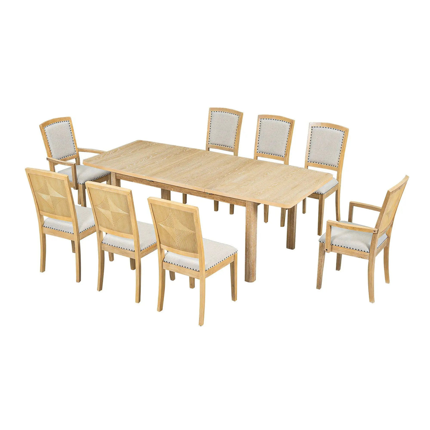 Topmax - Rustic Extendable Dining Table Set With Removable Leaf, 6 Upholstered Armless Dining Chairs And 2 Padded Arm Chairs, 9 Pieces by Unique Piece Furniture