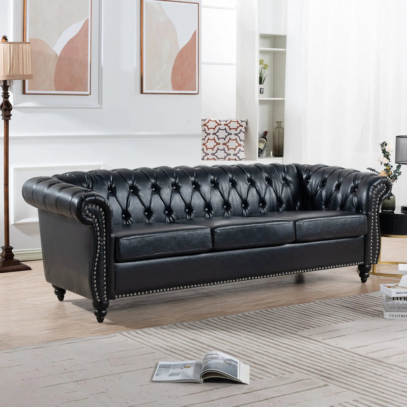 84.65" Black PU Rolled Arm Chesterfield Three Seater Sofa by HouseOfZazla
