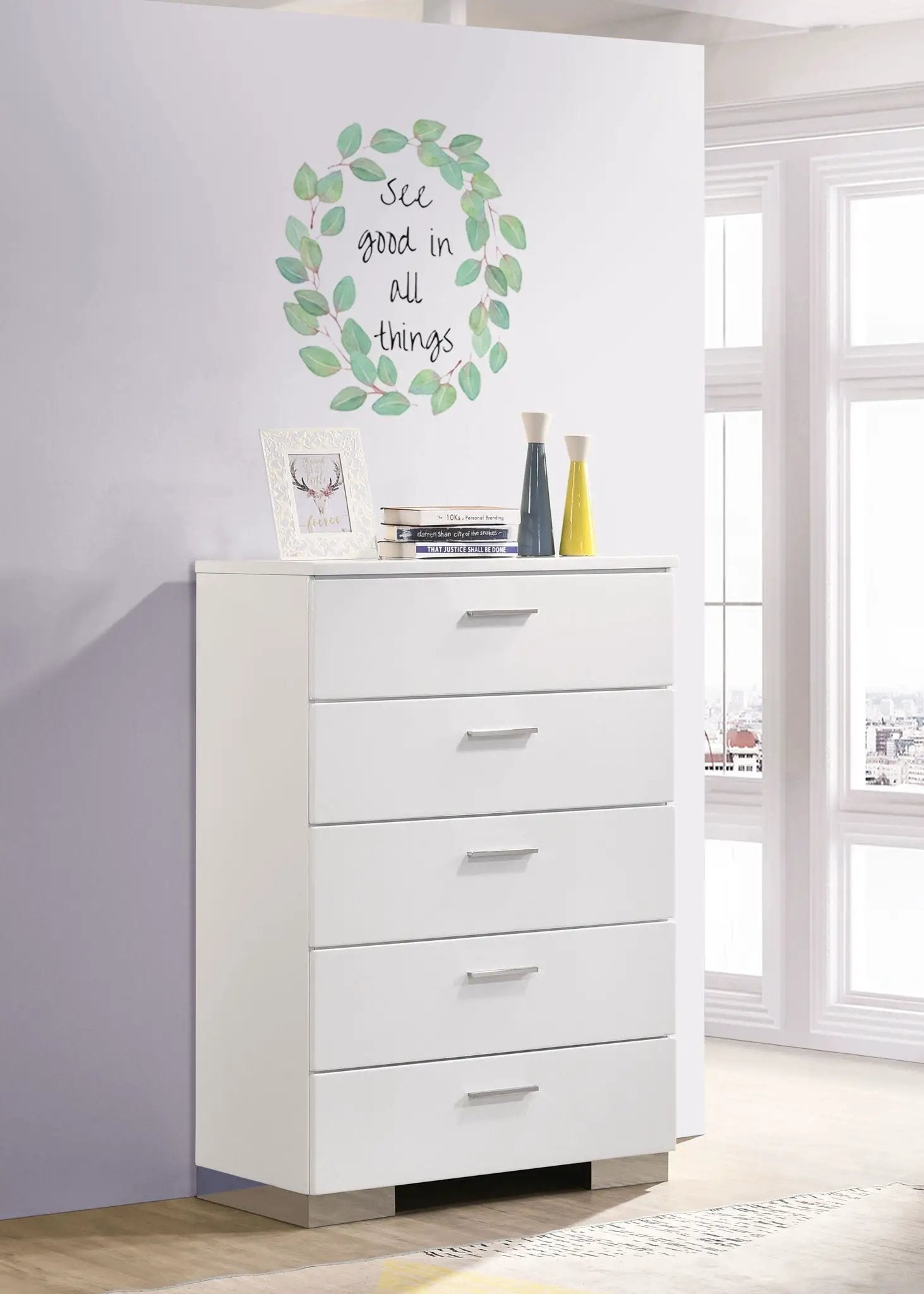 Felicity 5-drawer Bedroom Chest White High Gloss by Unique Piece Furniture