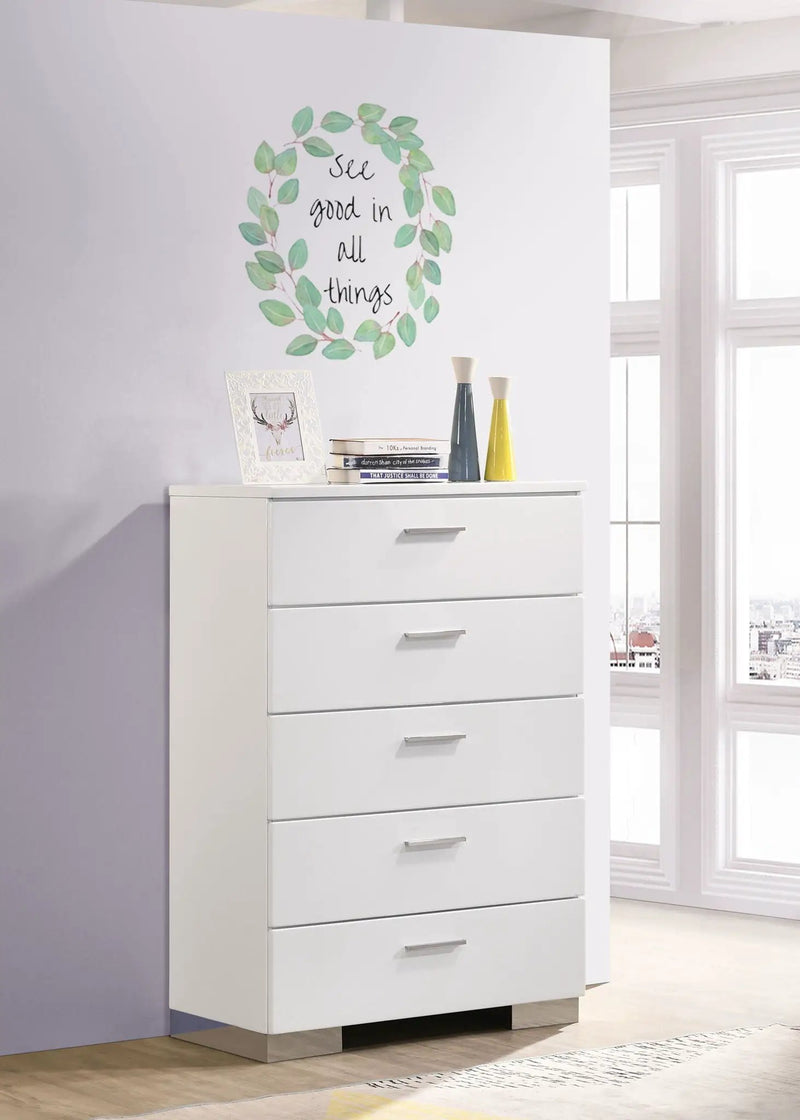 Felicity 5-drawer Bedroom Chest White High Gloss by Unique Piece Furniture