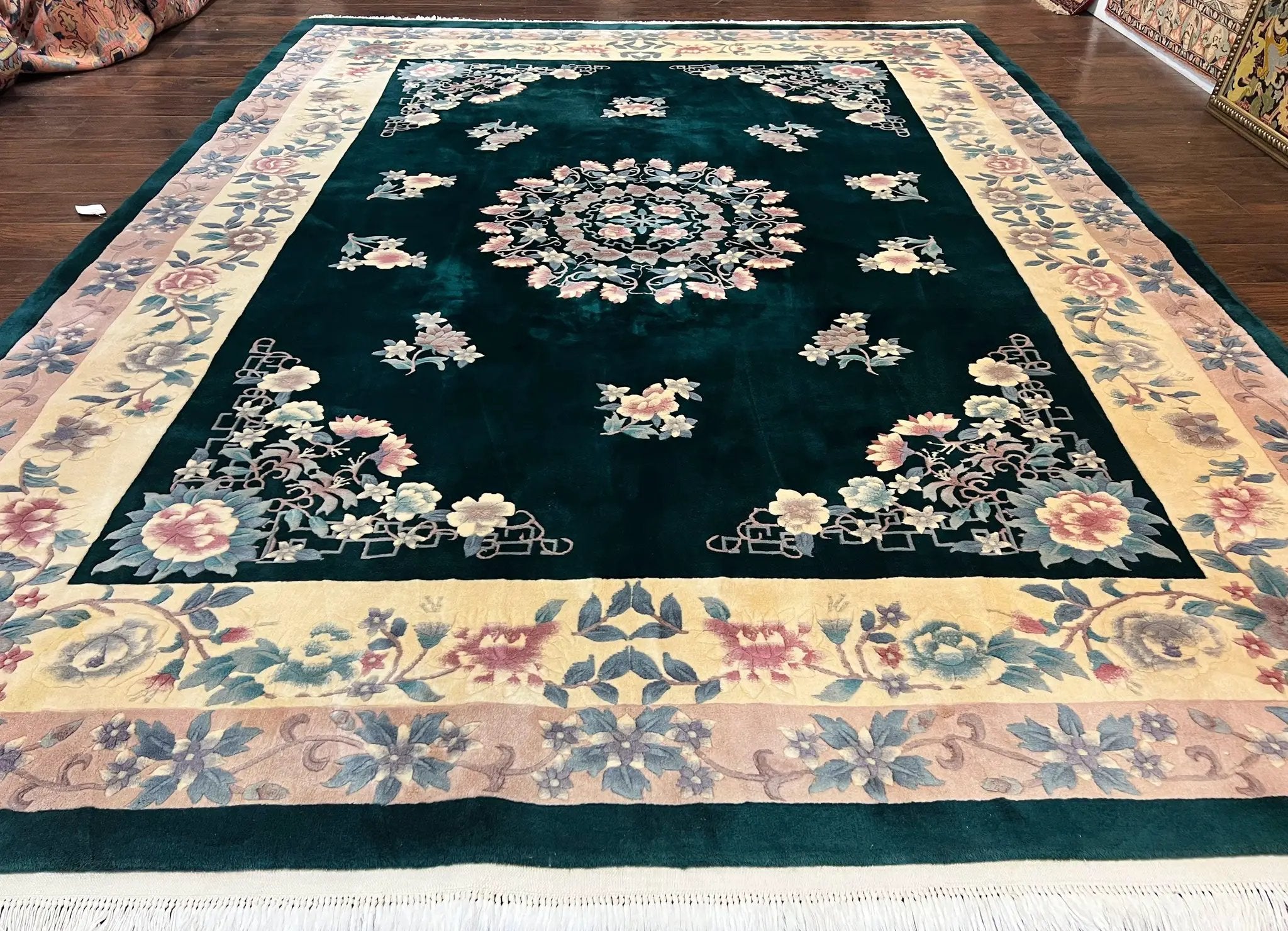 Chinese Art Deco Rug 9x12, Wool Hand Knotted Vintage Carpet, Dark Green & Cream, 90 Line Carving Rug by Jewel Rugs