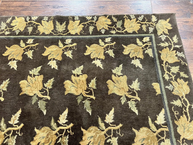 Tibetan Nepal Rug 6x9, Wool Hand Knotted Vintage Carpet 6 x 9, Dark Green & Golden Yellow, Floral Bouquets by Jewel Rugs