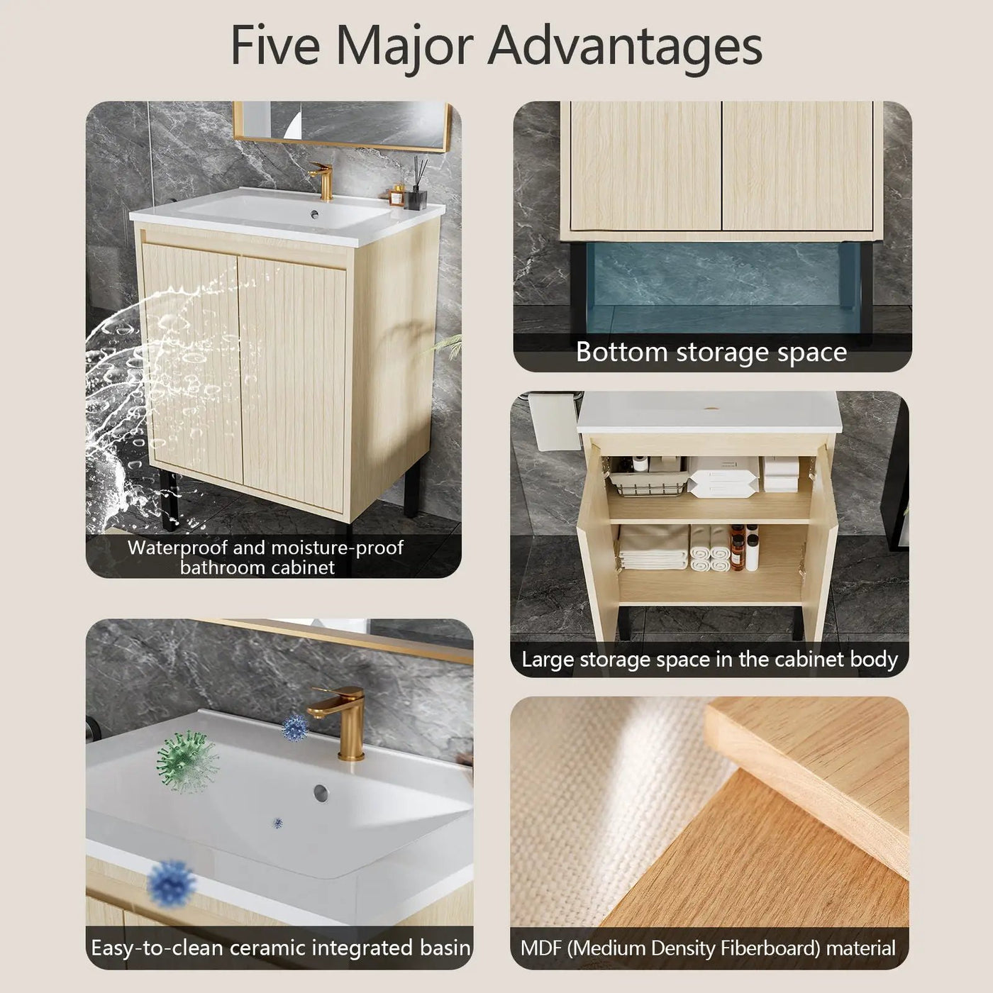 Bathroom Vanity With Ceramic Sink, Floor-Standing Design, Soft-Closing Drawers by HouseOfZazla