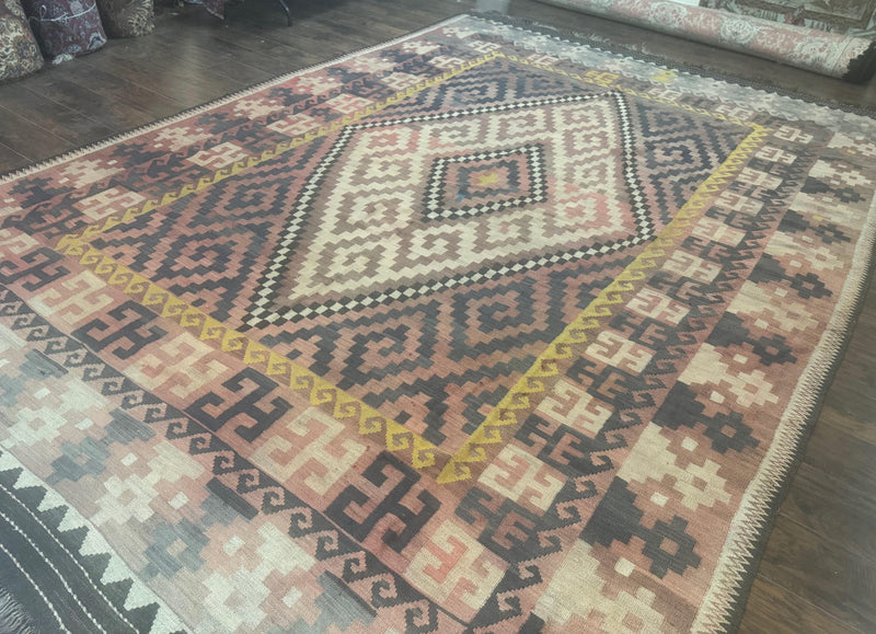 Antique Persian Tribal Kilim Rug 9x12, Zig Zag Pattern Kilim, Zarand Rug, Wool, Earth Tone Colors by Jewel Rugs