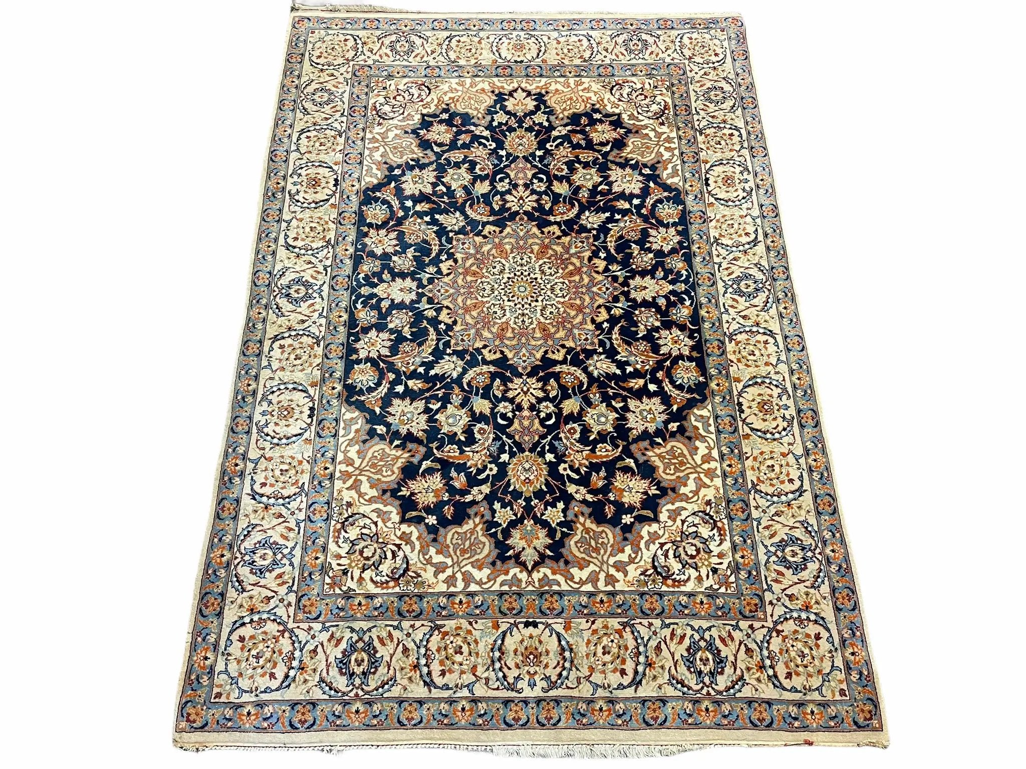 Persian Isfahan Rug 4x5, Navy Blue & Ivory, Wool and Silk Highlights by Jewel Rugs