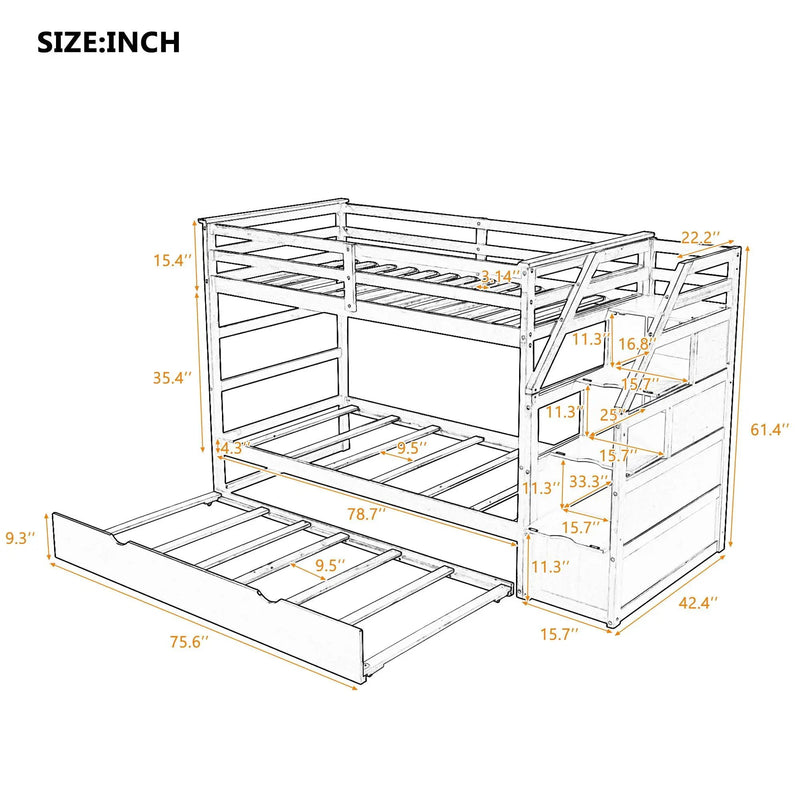 Twin Over Twin Bunk Bed With Twin Size Trundle And 3 Storage Stairs - Espresso by Unique Piece Furniture