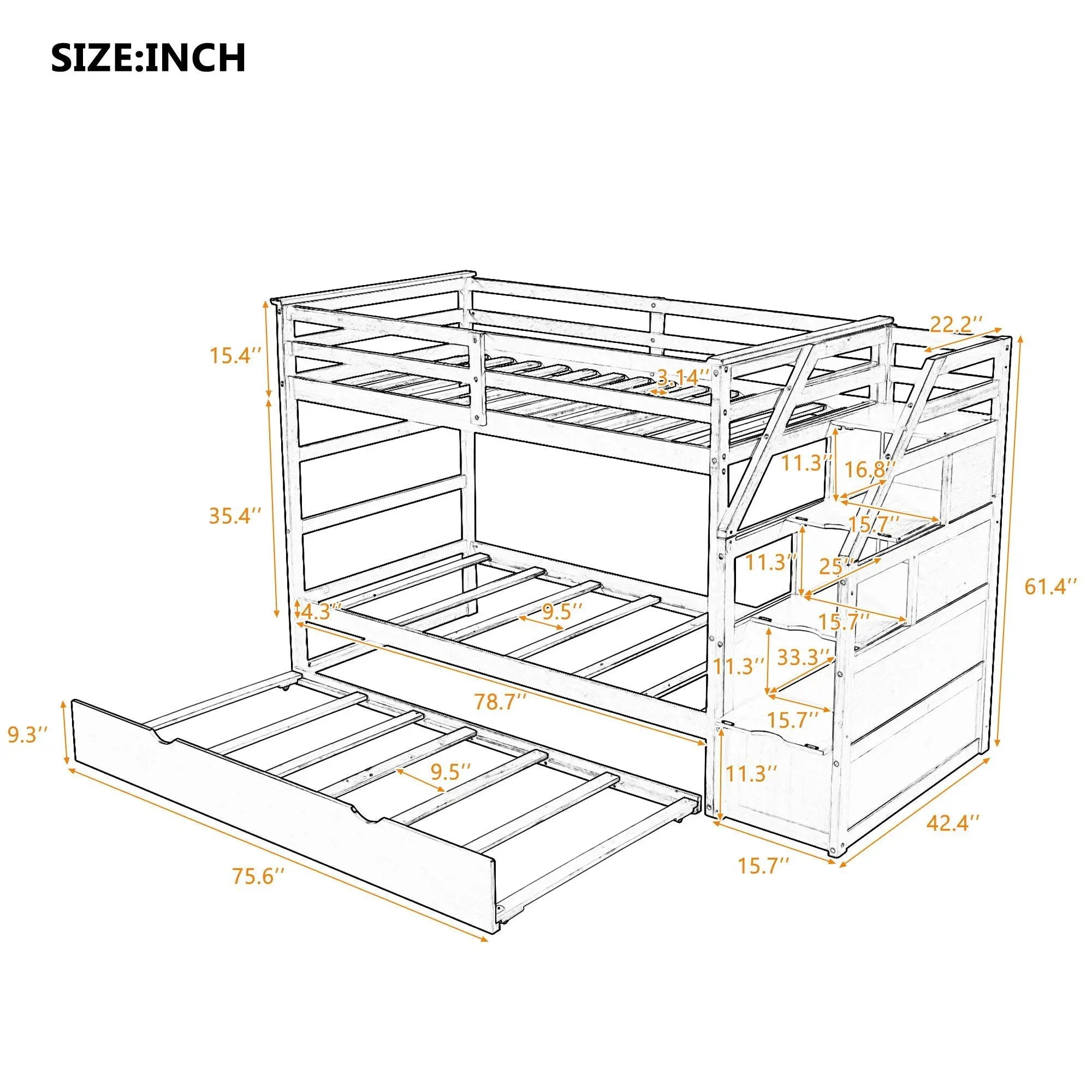 Twin Over Twin Bunk Bed With Twin Size Trundle And 3 Storage Stairs - Espresso by HouseOfZazla