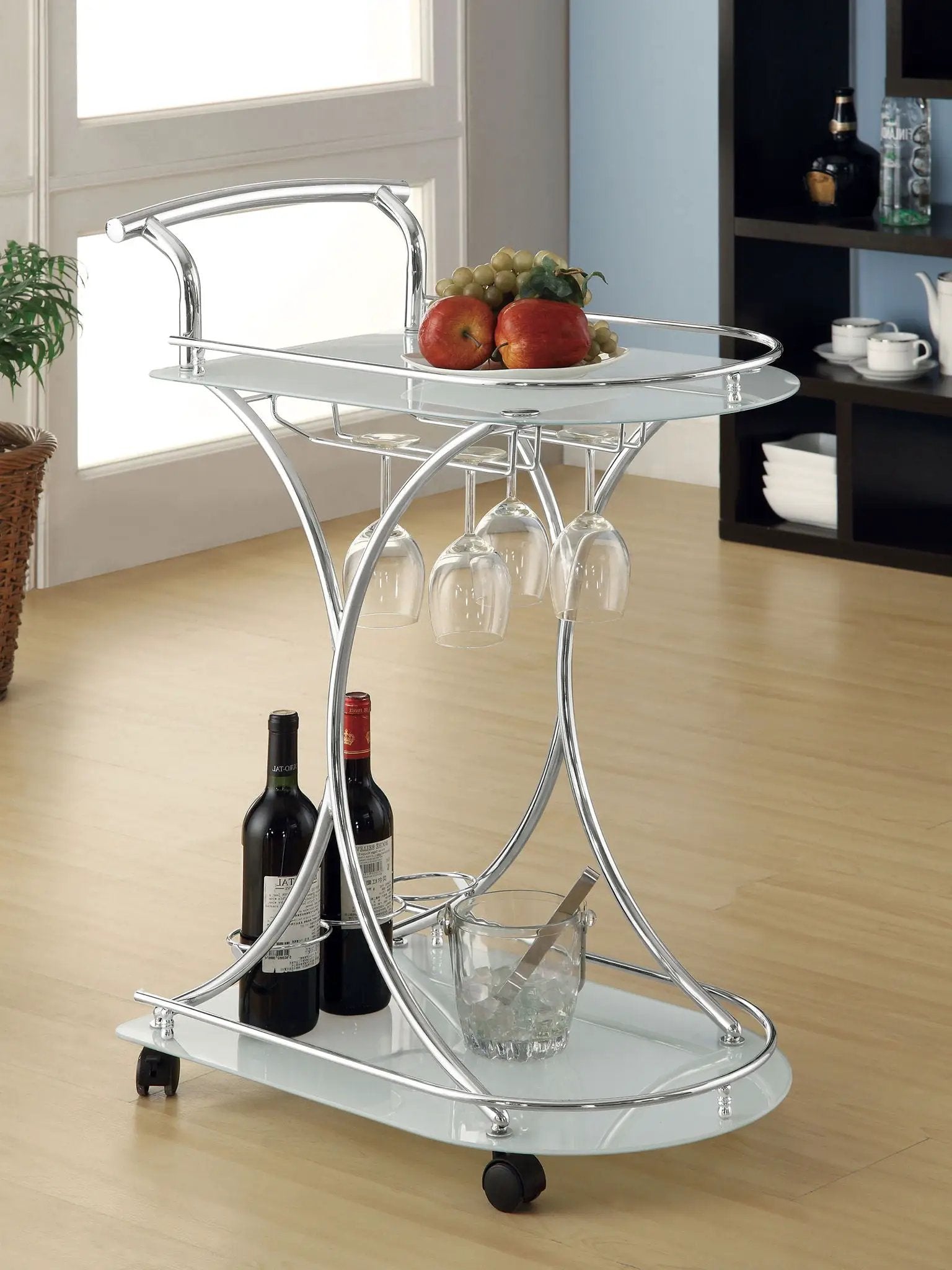 Elfman 2-tier Glass Shelf Metal Bar Cart White and Chrome by Unique Piece Furniture