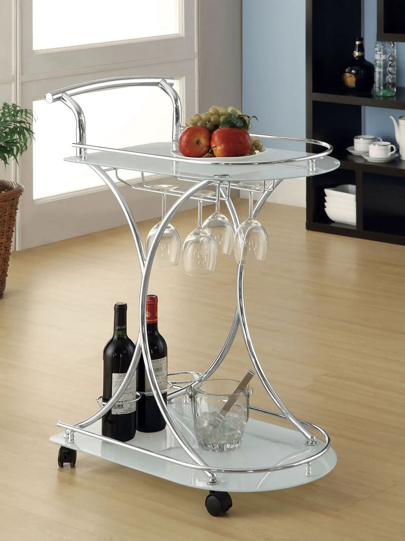 Elfman 2-tier Glass Shelf Metal Bar Cart White and Chrome by Unique Piece Furniture