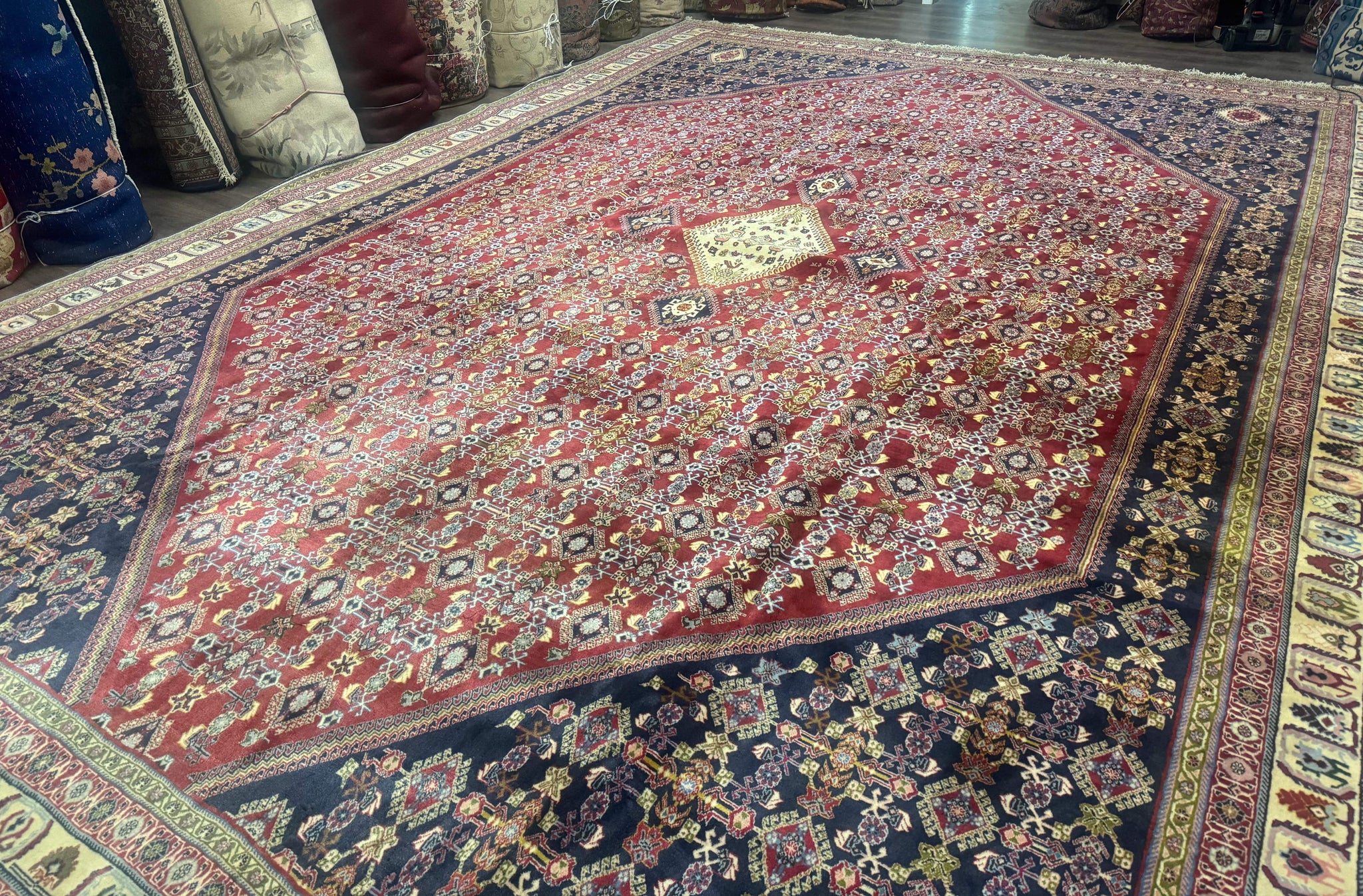 Palace Size Persian Shiraz Rug 13x19, Tribal Rug, Herati Pattern, Brick Red Navy Blue Beige, Oversized Persian Wool Area Rug, Extra Large by Jewel Rugs